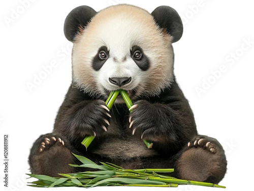 A playful panda eating bamboo isolated on white background. Suitable for marketing or business purposes. PNG file photo