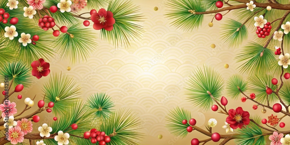 Traditional Japanese New Year greeting card design with festive elements such as pine branches Traditional Japanese New Year greeting card design with festive elements such as pine branches