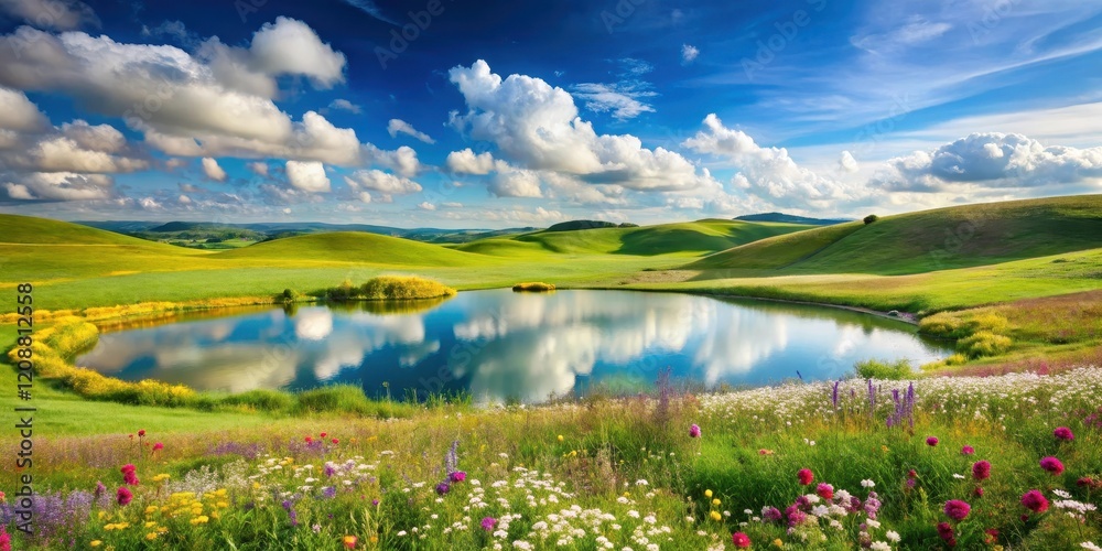 Fototapeta premium Beautiful rural landscape with rolling green hills, colorful wildflowers, a tranquil pond, and fluffy white clouds in the sky