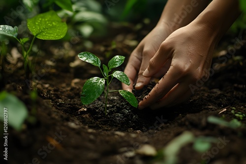A photograph of hands planting and watering a young green plant, symbolizing growth and environmental resilience. The focus is on the lush sprout growing from the rich, dark brown soil