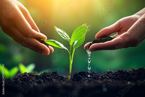 A photograph of hands planting and watering a young green plant, symbolizing growth and environmental resilience. The focus is on the lush sprout growing from the rich, dark brown soil