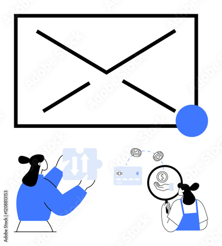 Colleagues discussing puzzle piece strategy, big email icon represents communication, financial exchange, and brainstorming. Ideal for teamwork, problem-solving, finance, communication, strategy