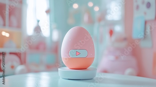 Pink, egg-shaped media player in a baby room Listening to children s audio books or music concept.