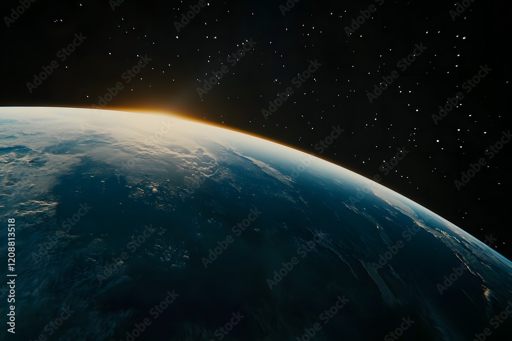 Fototapeta premium A view of the Earth from space, with its horizon visible and the sun rising on one side. The planet is depicted in blue tones against a black background. There are scattered stars across the sky