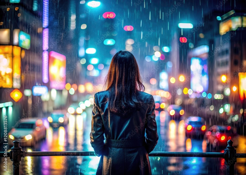 A woman's silhouette, lost in the rainy city's somber glow; night's melancholic embrace. A woman's silhouette, lost in the rainy city's somber glow; night's melancholic embrace.