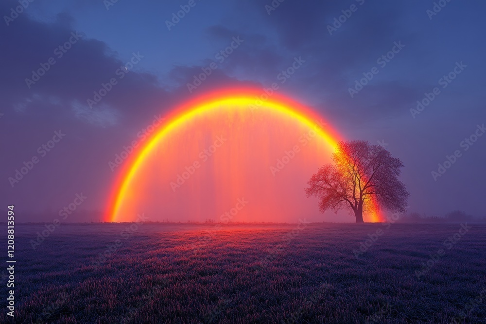 Fototapeta premium Sunrise rainbow, solitary tree, frosty field.