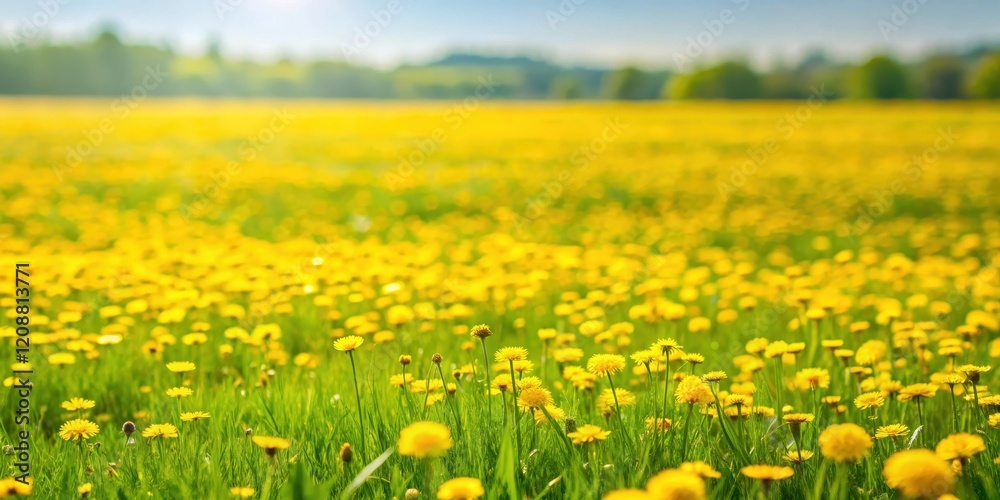 Fototapeta premium Grass field with bright yellow flowers, spring, nature, vibrant, meadow, blooming, sunny, garden, growth, plant, outdoors