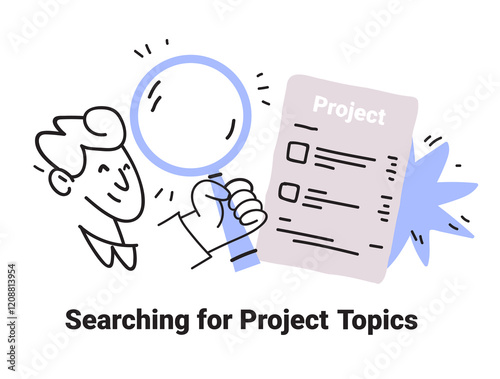 Searching for project topics concept hand drawn style person holding magnifying glass checklist minimal design elements