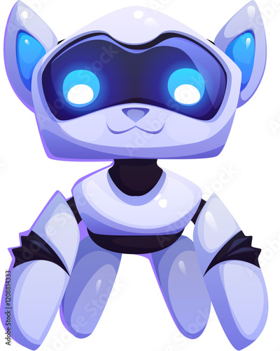 Cartoon futuristic robot mascot character resembling small dog with glowing blue eyes, sleek white body and cute ears. Isolated vector charming and playful sci fi technology, ai, robotics animal pet