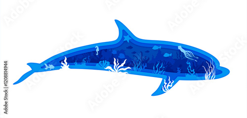 Paper cut sea dolphin silhouette with underwater landscape. Ocean underwater life paper cut backdrop. Sea wildlife 3d vector background or wallpaper with dolphin silhouette, seaweed, fish shoals