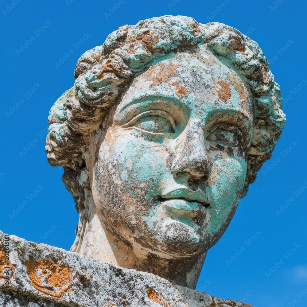 Obraz premium Close-up of a weathered stone statue of a woman's head against a clear blue sky