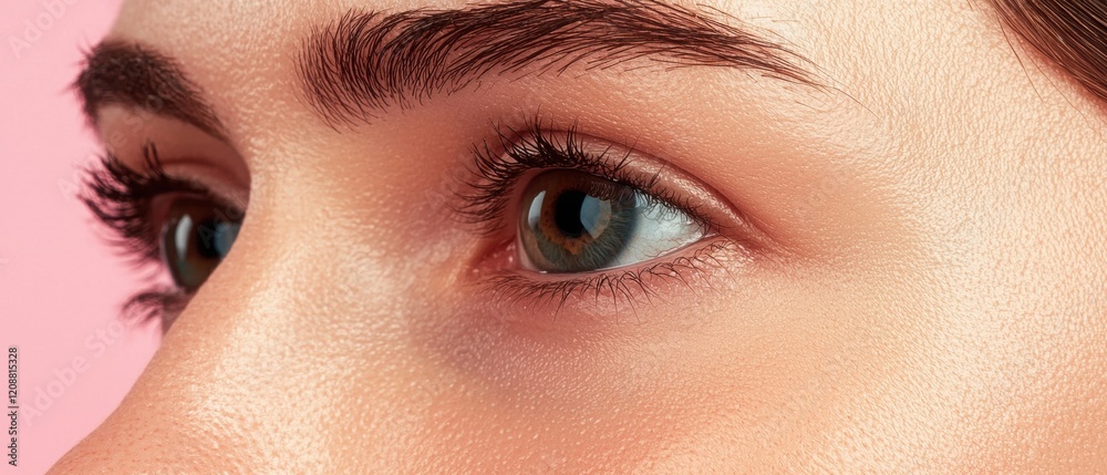 Naklejka premium Close-up of a woman's eye with long eyelashes and natural makeup