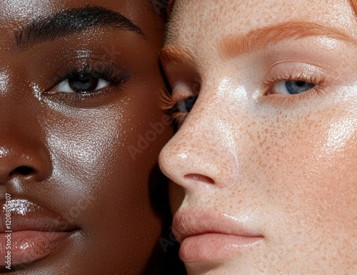 Close-up of two women's faces, showcasing diverse skin tones and textures