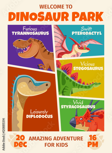 Adventure amusement dinosaurs park retro poster with tyrannosaurus, stegosaurus, pterodactyl, diplodocus and styracosaurus dino animals. Vector flyer promoting exciting and amazing adventures for kids