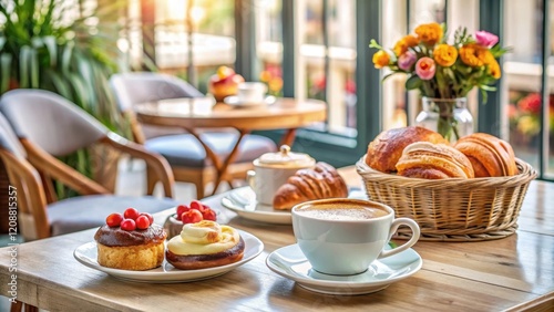 Wallpaper Mural French pastries and coffee on a bright table in a cozy cafe , breakfast, bakery, croissant, latte, cappuccino, delicious Torontodigital.ca