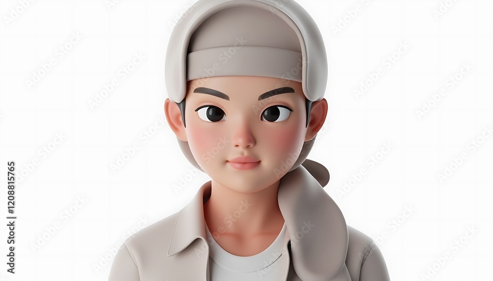 Adorable 3D Render: Boy in Beige Hat and Jacket, Soft Style Adorable 3D Render: Boy in Beige Hat and Jacket, Soft Style