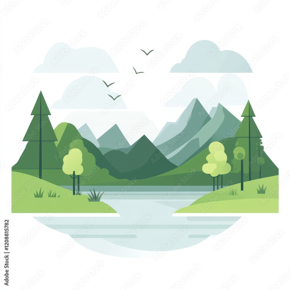 Fototapeta premium Serene Lakeside Mountain Landscape With Trees And Birds