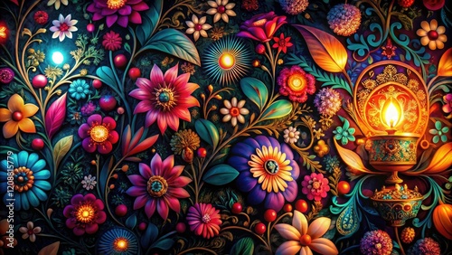 Bohemian night flowers bloom; a tribal floral pattern in dark, ethnic photography.
