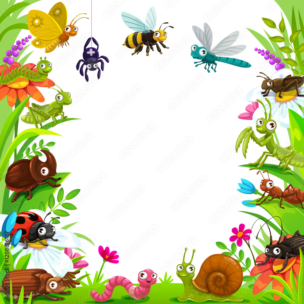 Fototapeta premium Cartoon funny insects in frame banner with forest grass and flowers, vector background. Cute little insects frame of bumblebee or bee and grasshopper, happy snail and beetle with ladybug and spider