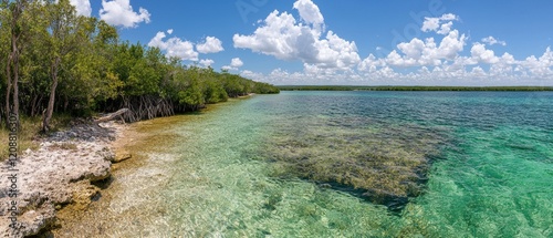 Clear turquoise water laps a mangrove shoreline on a sunny day photo