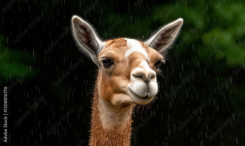 Obraz premium Close-up of a vicuña in the rain