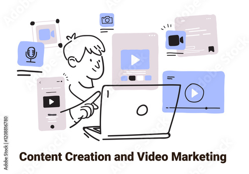 Content creation video marketing concept laptop user surrounded by multimedia icons in minimalist sketch style digital media design