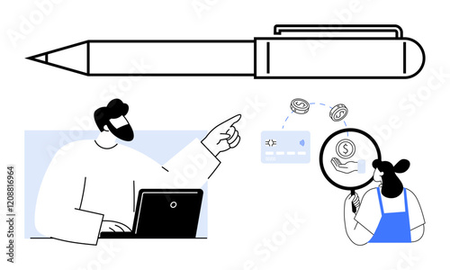 Business team with laptop and magnifying glass examining money and data, large pen symbolizing ideas and creativity. Ideal for finance, collaboration, decision making, analytics, planning