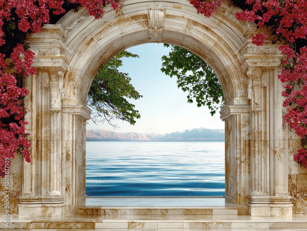 Fototapeta premium Stone archway overlooking a tranquil sea with mountains in the background