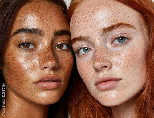 Close up of two women with freckles, one with tan skin and the other with fair skin.