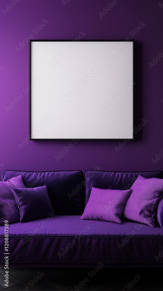 Blank photo frame mockup mounting on purple wall with purple sofa Blank photo frame mockup mounting on purple wall with purple sofa