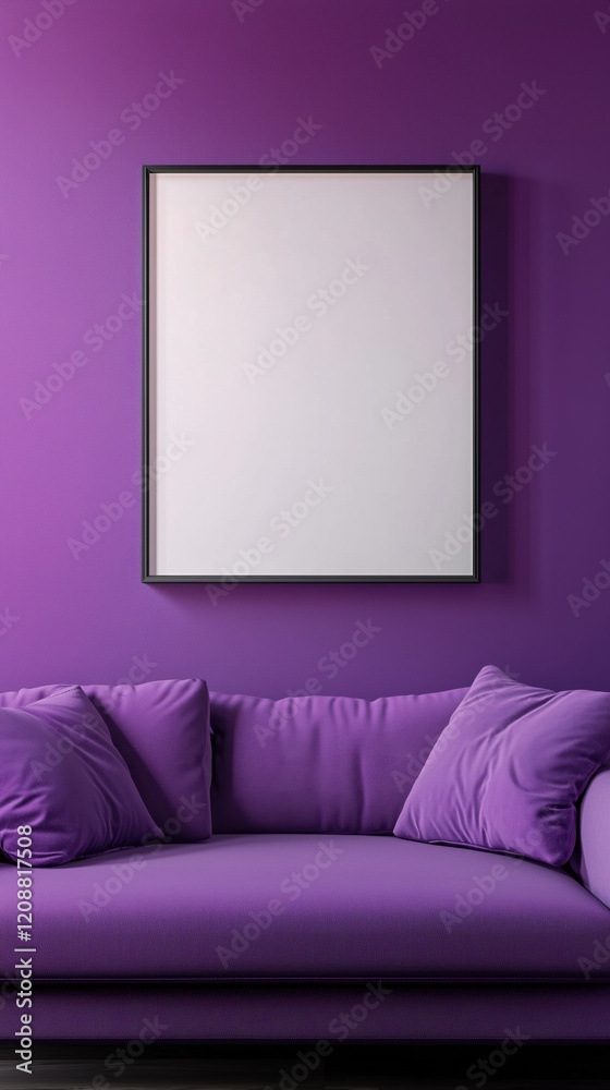 Blank photo frame mockup mounting on purple wall with purple sofa Blank photo frame mockup mounting on purple wall with purple sofa