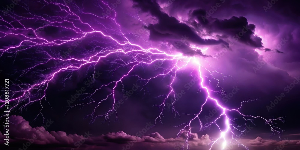 Obraz premium Purple lightning striking through a dark sky background, purple, lightning, storm, dark, dramatic, weather, electric, power