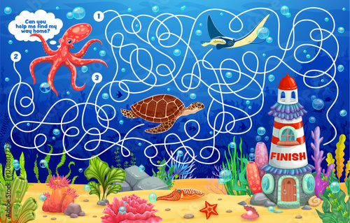 Kids labyrinth maze game, help to octopus to find his house. Find way worksheet, labyrinth vector quiz or game with octopus, turtle, stingray and cuttlefish ocean animals, lighthouse on bottom