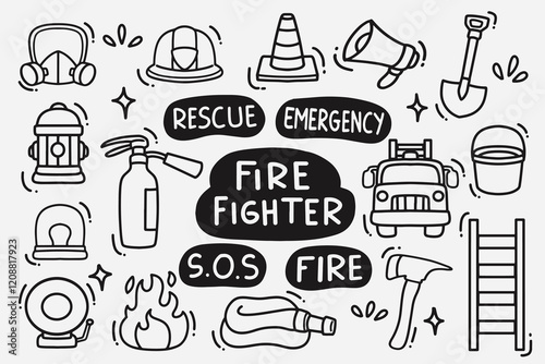 set of fire fighter doodle good for wallpaper, background, element design, icon, etc