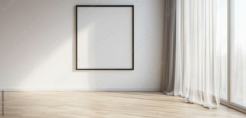 Calm, minimal setting with a blank frame and sheer curtains. Calm, minimal setting with a blank frame and sheer curtains.