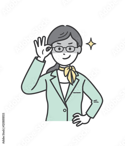 眼鏡を上げて悪巧みしてニヤける若い受付係の女性