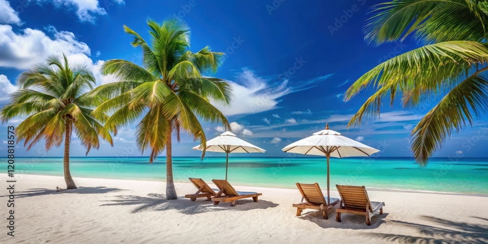Obraz premium Summer beach scene with blue background, featuring palm trees, turquoise waters, white sand