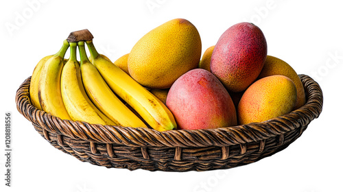 Fresh fruit basket filled with ripe bananas and mangoes isolated on transparent background