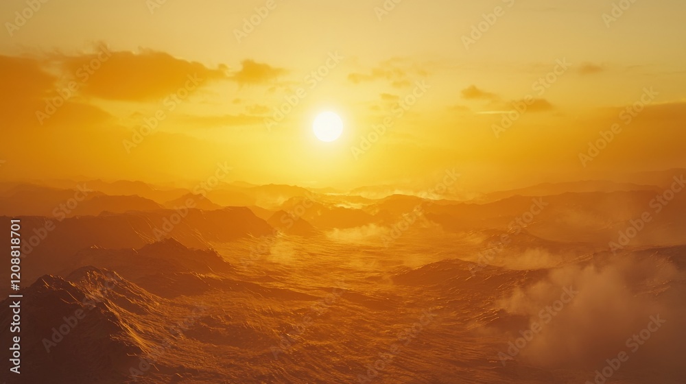 Desert dunes shifting with the wind under a fiery orange sunset