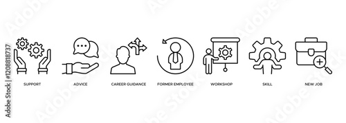 Outplacement banner web icon illustration concept with icon of support, advice, career guidance, former employer, workshop, skills, new job, training, and presentation