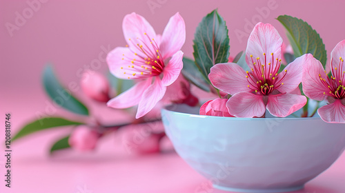 Delicate Cherry Blossoms in a White Ceramic Bowl..