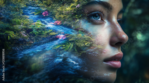 woman face merges with serene waterfall, expressing sense of tranquility and connection with nature