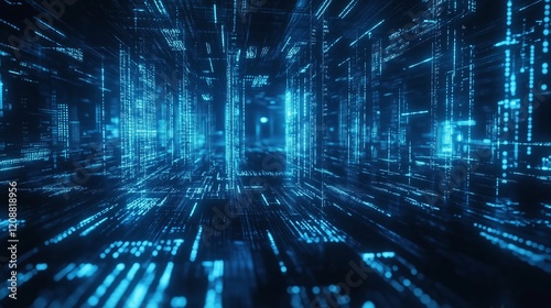 Blue digital binary data on computer screen background