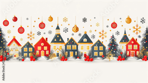 Festive Village with Ornaments and Holiday Decor..