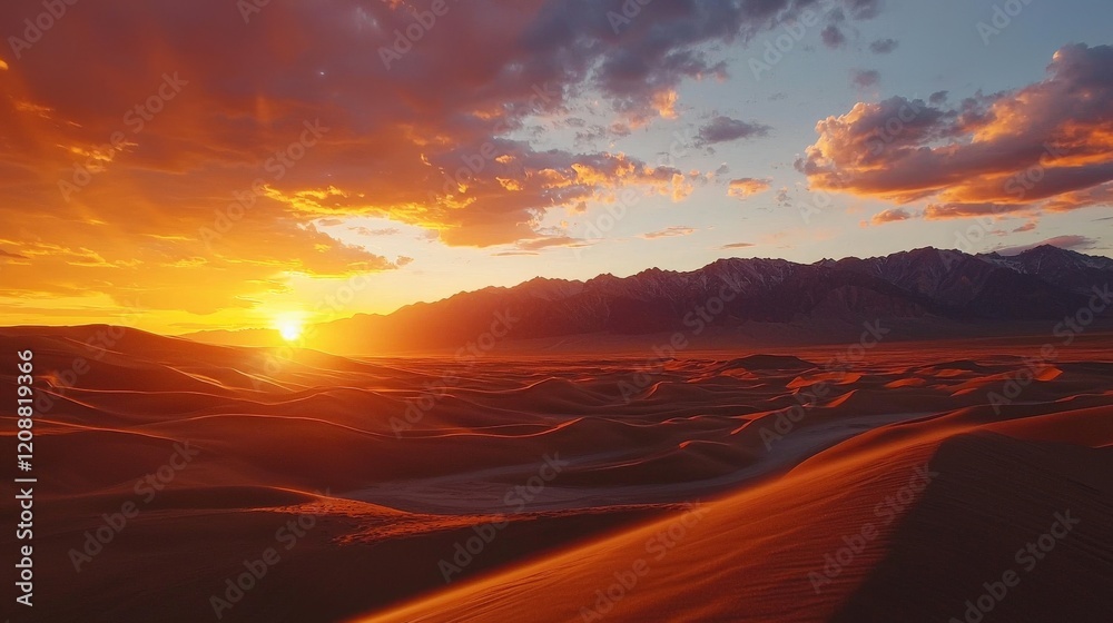 Desert dunes shifting with the wind under a fiery orange sunset Desert dunes shifting with the wind under a fiery orange sunset