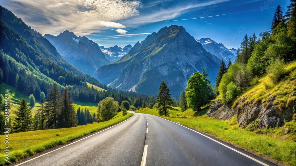 Naklejka premium Scenic view of asphalt road in Austrian Alps on a sunny day along Nockalmstrasse , Austria, summer, road trip, mountains