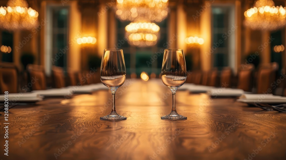 Large banquet table with swirling wood grain, softly blurred chandeliers, grand and luxurious Large banquet table with swirling wood grain, softly blurred chandeliers, grand and luxurious