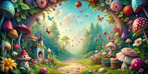 Whimsical Alice in Wonderland themed background with colorful fantasy elements, fantasy, whimsical