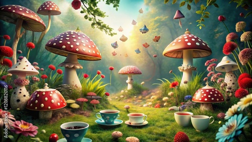 Whimsical Alice in Wonderland themed background with colorful mushrooms, playing cards, and teacups, Fantasy