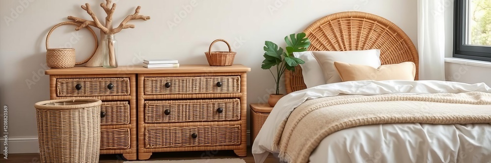 Fototapeta premium Rattan chest of drawers with elegant design and ample storage capacity perfect for incorporating a natural aesthetic into any space, rattan, storage